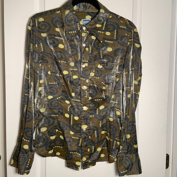 Women's Vintage Diesel Button Up Shirt Blouse Shiny Printed Long Sleeve Size M - Picture 2 of 11